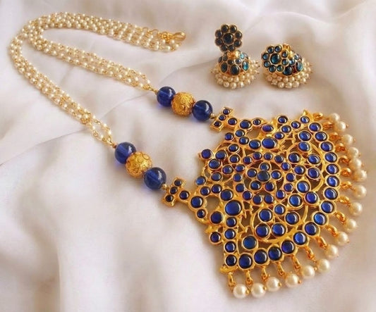 Gold tone Blue Kemp Pearl Long Necklace Set DJ17720