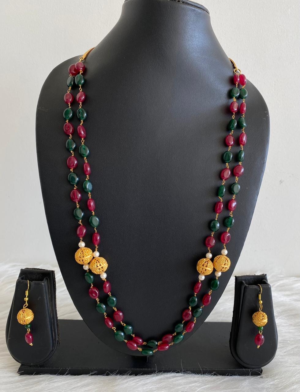 Matte finish Kemp-green Beaded Double layer Necklace Set DJ18059