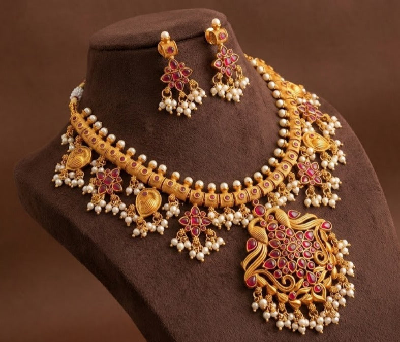 Matte Finish Ruby Pearl Gutta pusalu Necklace Set DJ24878