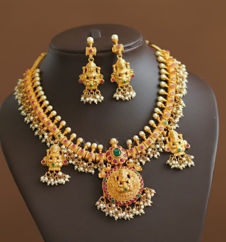 Gold tone Gutta pusalu Lakshmi ruby-emerald necklace set dj-10984