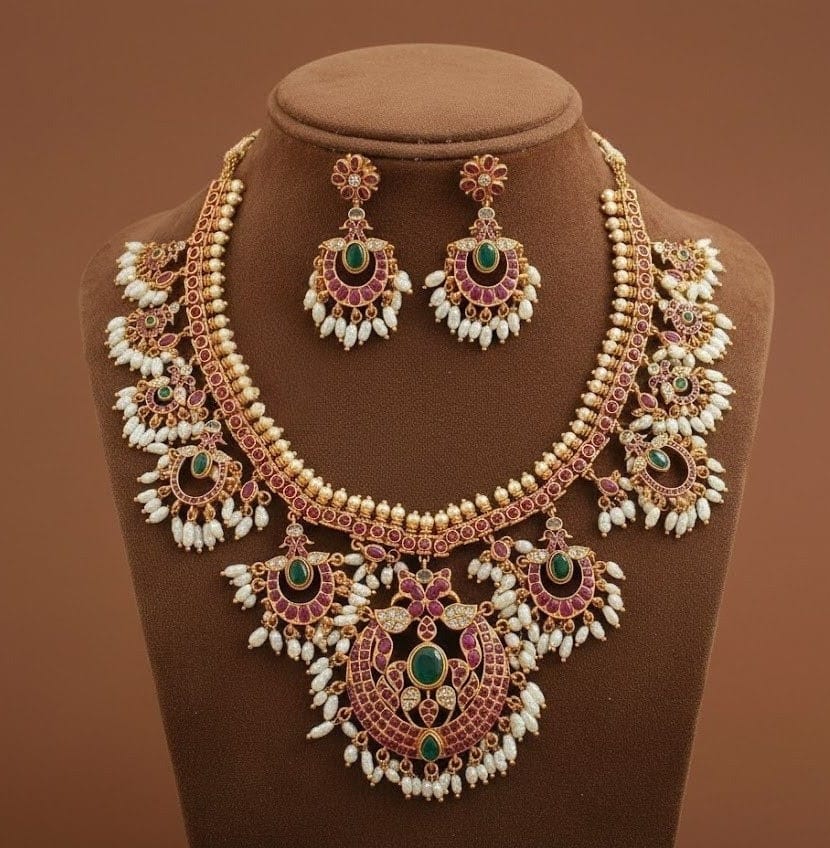Matte Finish Ruby-emerald With Rice Pearl Gutta Pusalu Necklace Set DJ23330