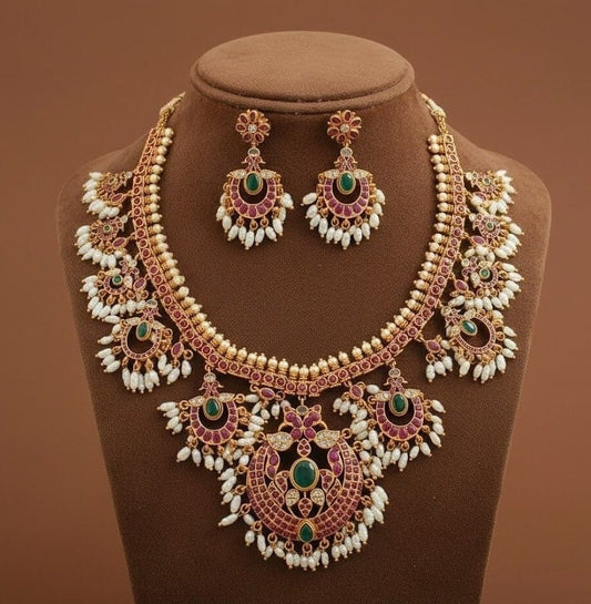 Matte Finish Ruby-emerald With Rice Pearl Gutta Pusalu Necklace Set DJ23330