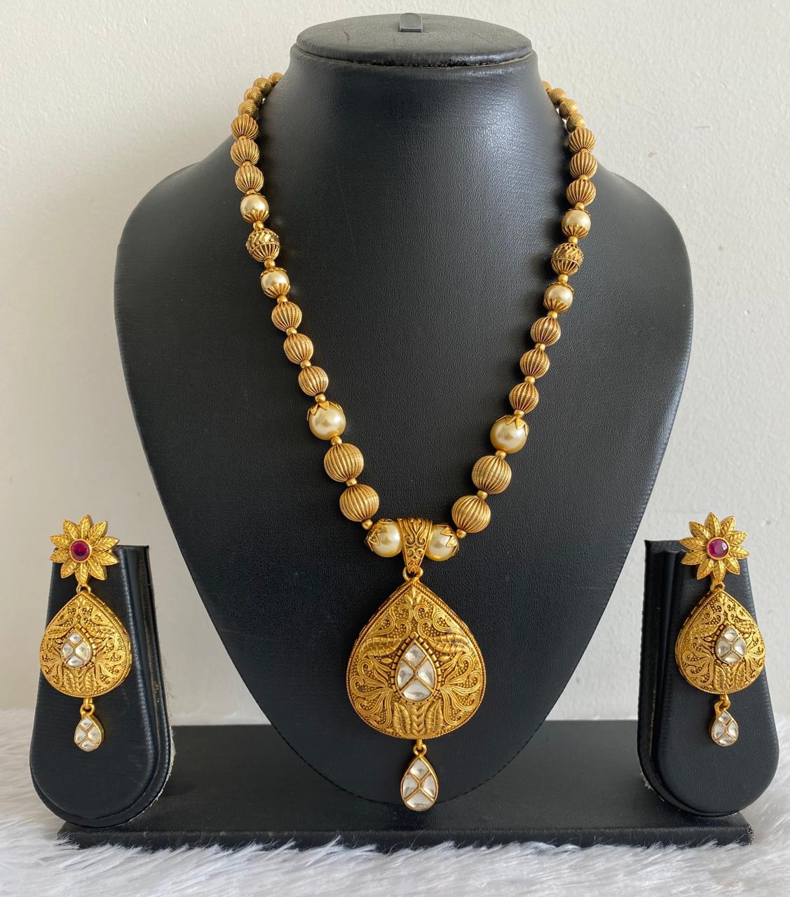 Matte finish Ruby-Kundan beaded Necklace Set-dj12961