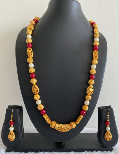 Matte finish pearl-red beads designer necklace set dj-34685