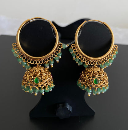 Antique gold tone pink-green beaded hoop jhumkka dj-51053