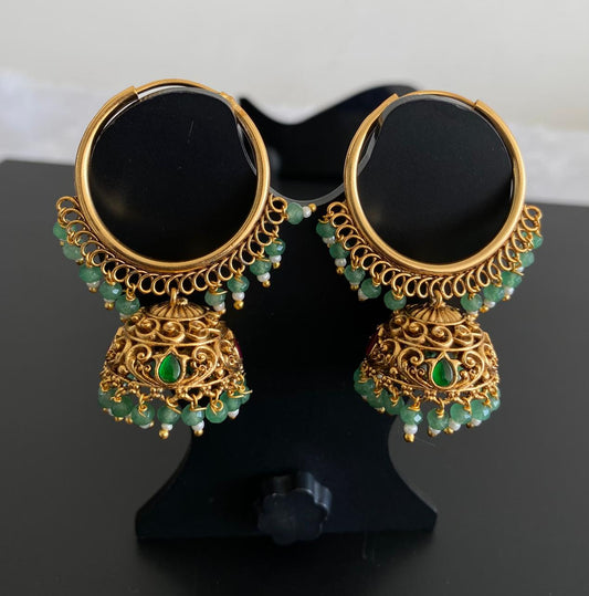 Antique gold tone pink-green beaded hoop jhumkka dj-51053
