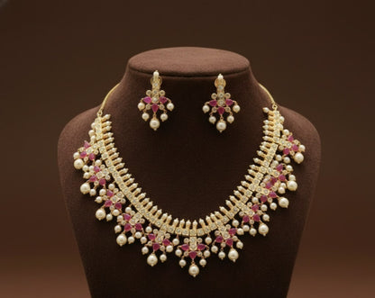 Gold tone pearl ruby gutta pusalu necklace set-dj05054