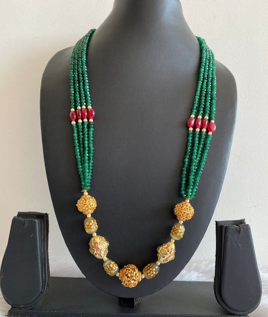 Gold Tone Green-red Multi Layer Monalisa Meenakari beaded long necklace DJ29883