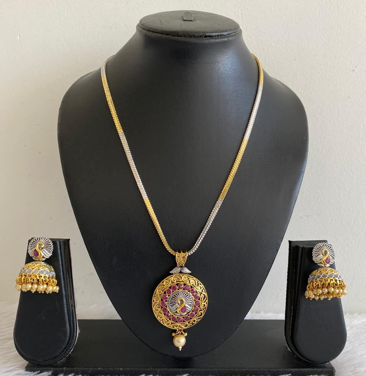 Two Tone Pink pearl Peacock Necklace Set-dj07444