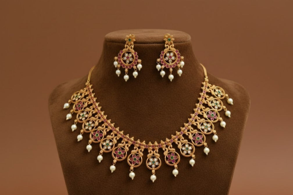 Matte finish kemp-green pearl necklace set dj-23595