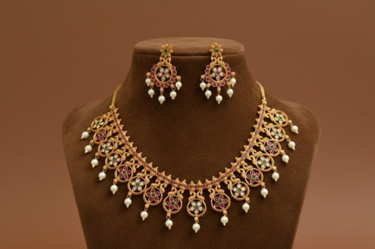 Matte finish kemp-green pearl necklace set dj-23595