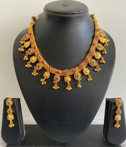 Gold tone Ruby-emerald Mango necklace With Screw Back Earrings dj-10020