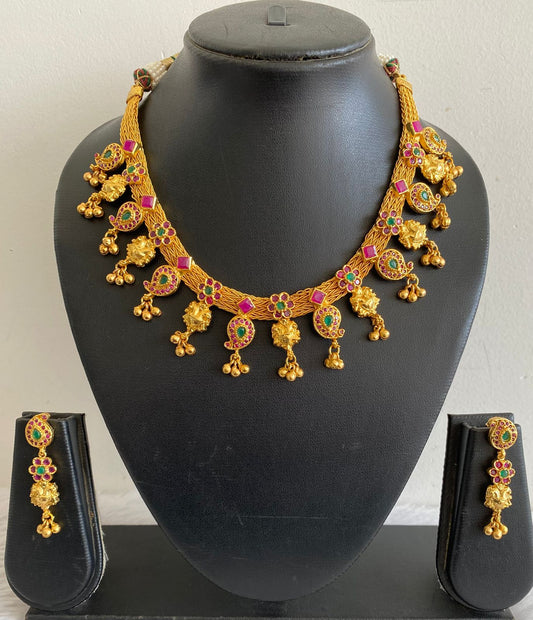 Gold tone Ruby-emerald Mango necklace With Screw Back Earrings dj-10020