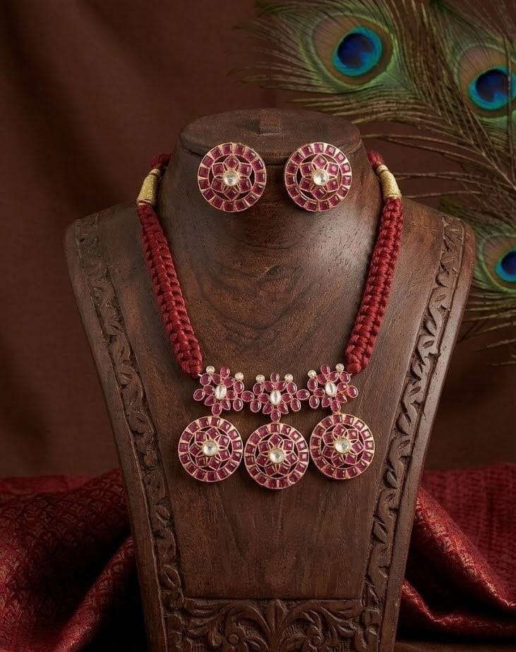 Matte Finish Real Kemp-green Gold Replica Red Silk Thread Necklace Set DJ32340