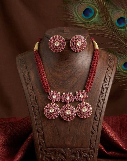 Matte Finish Real Kemp-green Gold Replica Red Silk Thread Necklace Set DJ32340