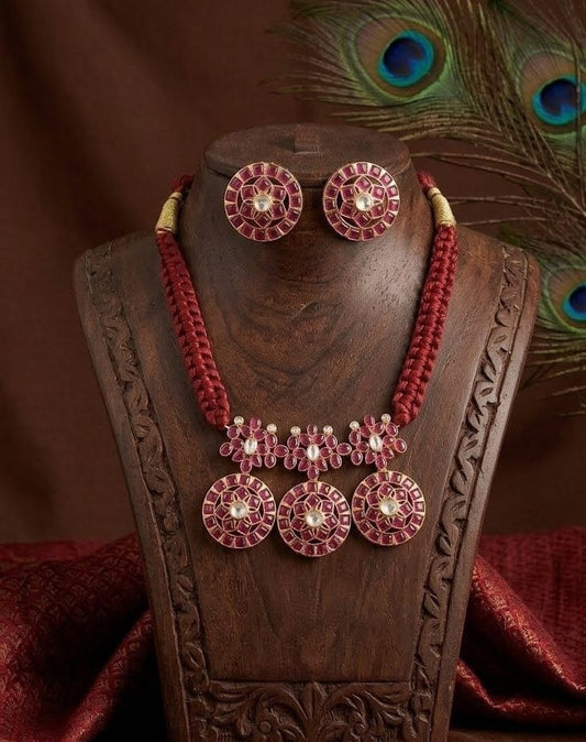 Matte Finish Real Kemp-green Gold Replica Red Silk Thread Necklace Set DJ32340