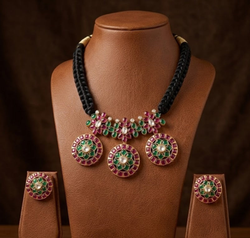 Matte Finish Real Kemp-green Gold Replica Black Silk Thread Necklace Set DJ32339
