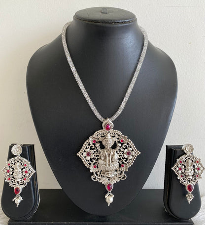 Silver Tone Pink Lakshmi Necklace Set-dj09915