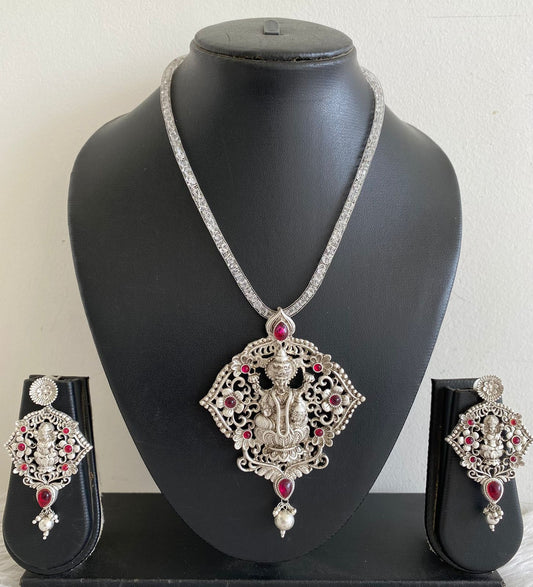 Silver Tone Pink Lakshmi Necklace Set-dj09915