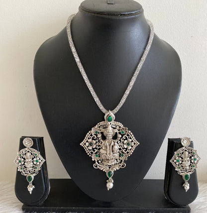 Silver Tone Green Lakshmi Necklace Set-dj09917