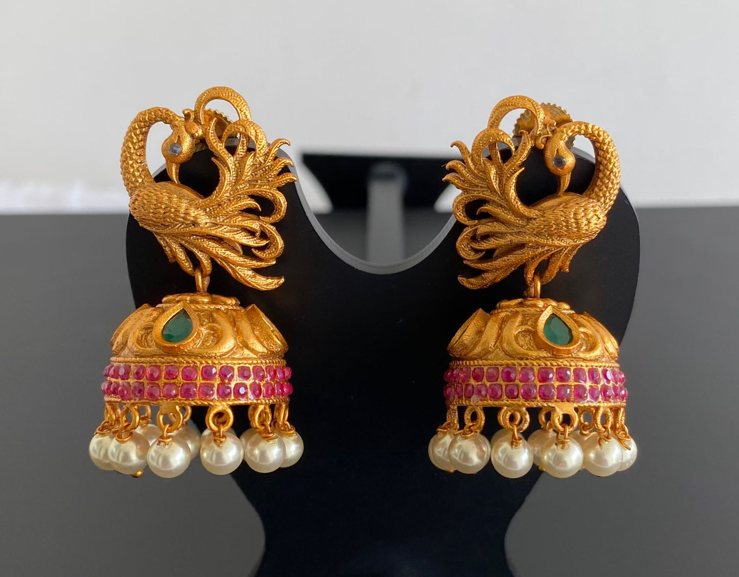 Matte Finish Ruby-emerald Swan Jhumkka-dj11655