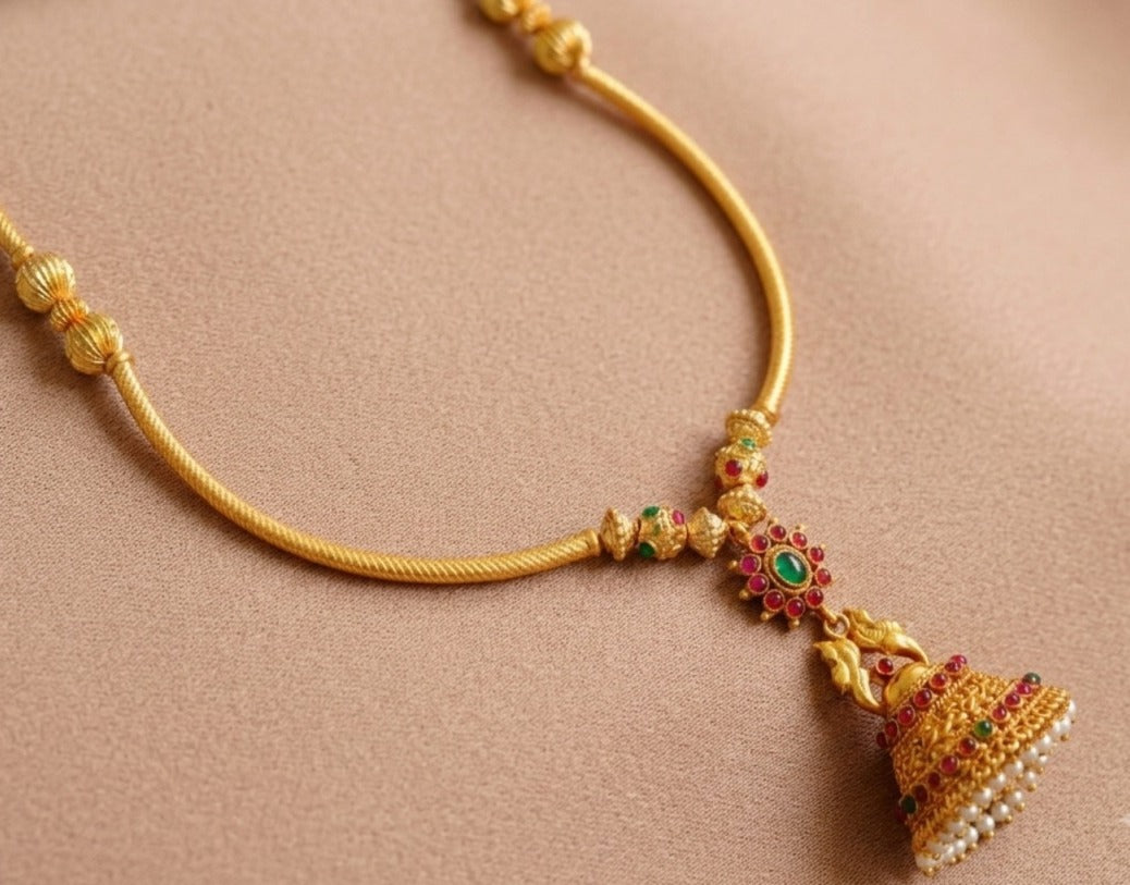Antique gold tone handmade kemp-green jhumkka pendant Hasli necklace dj-04281