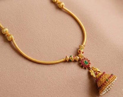 Antique gold tone handmade kemp-green jhumkka pendant Hasli necklace dj-04281