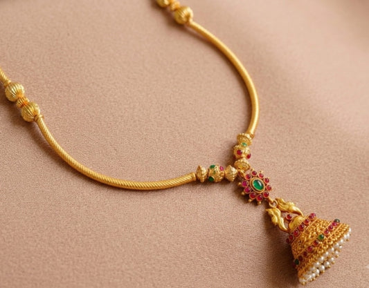 Antique gold tone handmade kemp-green jhumkka pendant Hasli necklace dj-04281