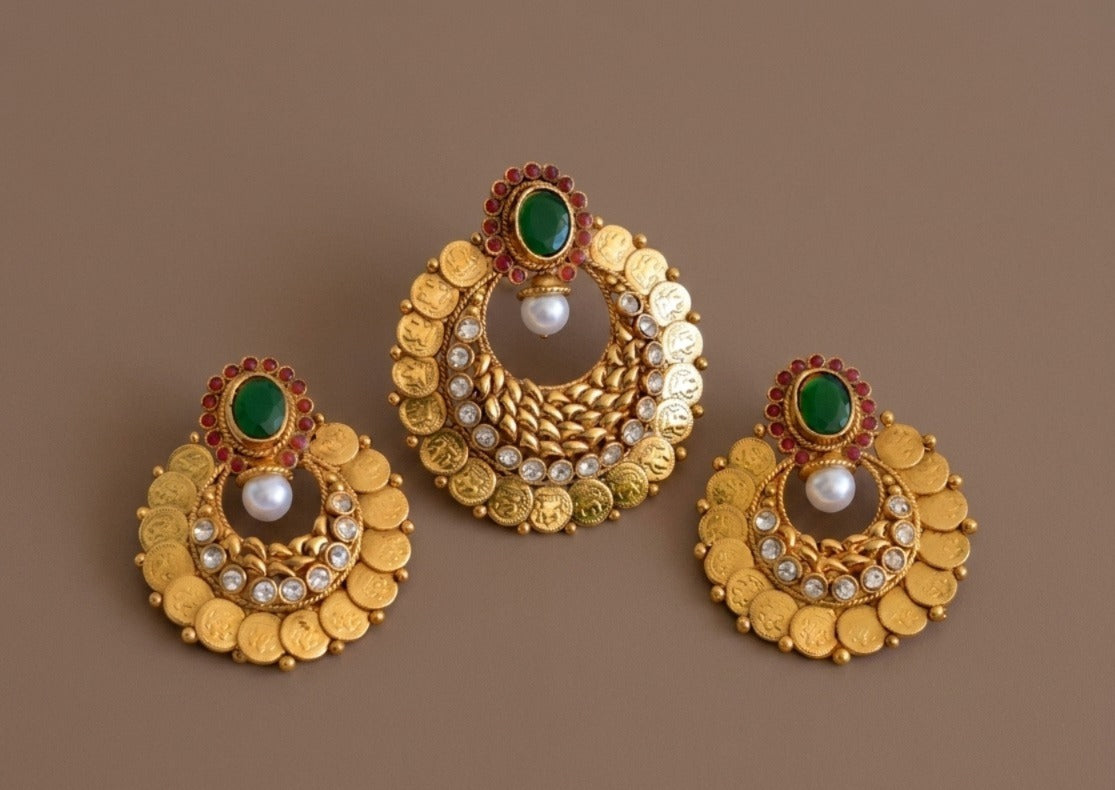Gold tone Ruby-green Lakshmi Coin Bali pendant Set -dj04308