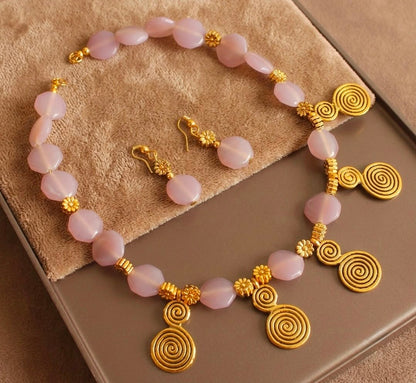 Antique gold tone Handmade Mauve Beaded Necklace Set-dj04275