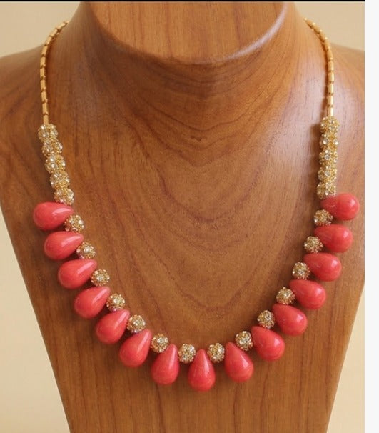 Gold tone Handmade Red Drop Bead Necklace-dj04002