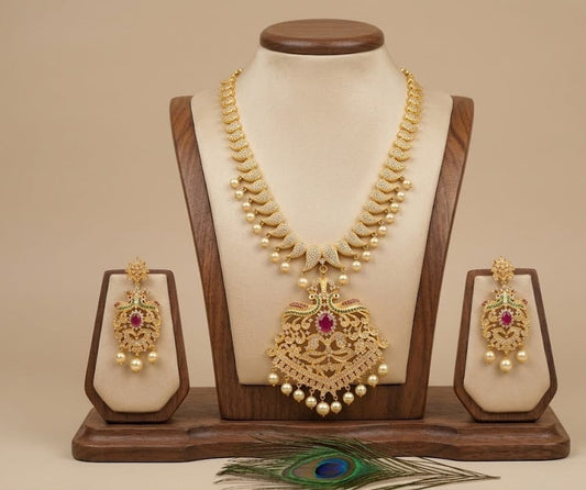 Gold tone semiprecious ruby peacock necklace set dj-03766