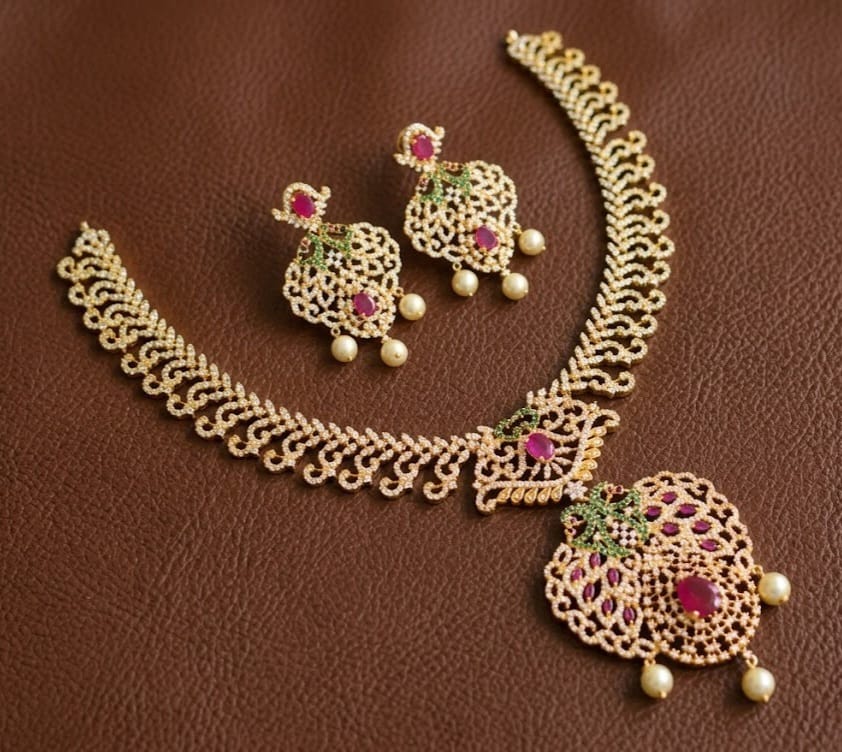 Gold tone semiprecious ruby-emerald necklace set dj-03764