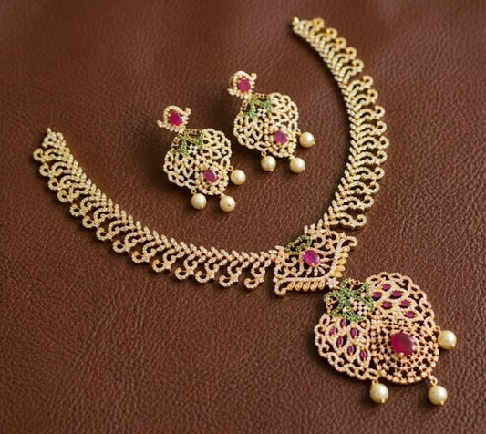 Gold tone semiprecious ruby-emerald necklace set dj-03764