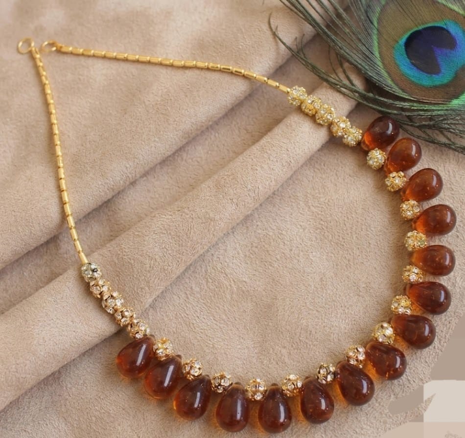 Gold tone Handmade Brown Drop Bead Necklace-dj04001