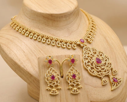 Gold tone semiprecious ruby necklace set dj-03767