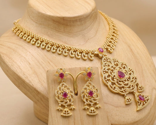 Gold tone semiprecious ruby necklace set dj-03767