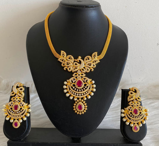 Gold tone cz-ruby pearl peacock necklace set dj-03770