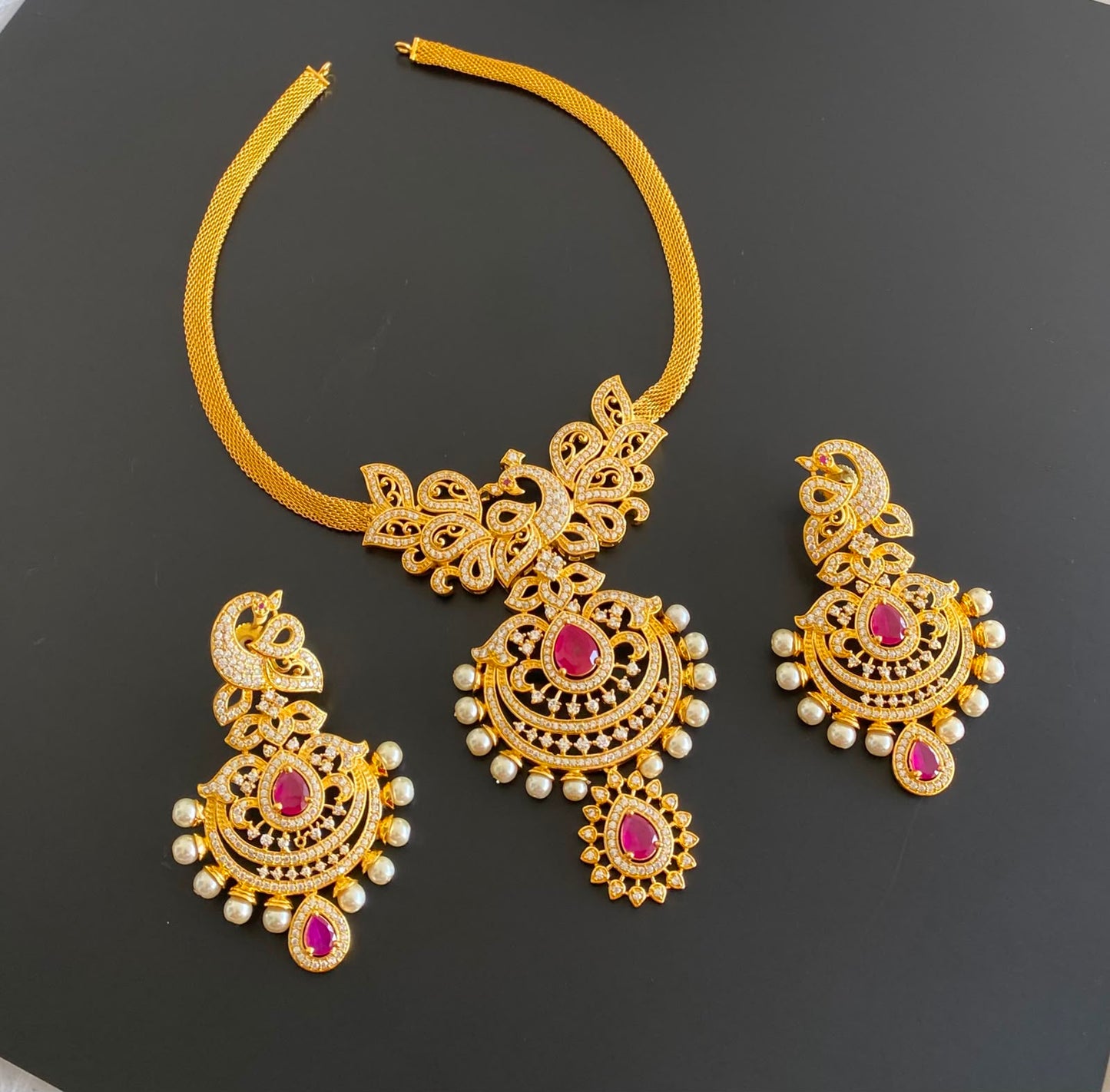 Gold tone cz-ruby pearl peacock necklace set dj-03770
