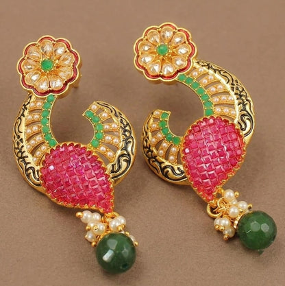 Gold tone AD Ruby-emerald Flower earrings -dj04478