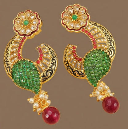 Gold tone AD Emerald-ruby Flower earrings-dj04479