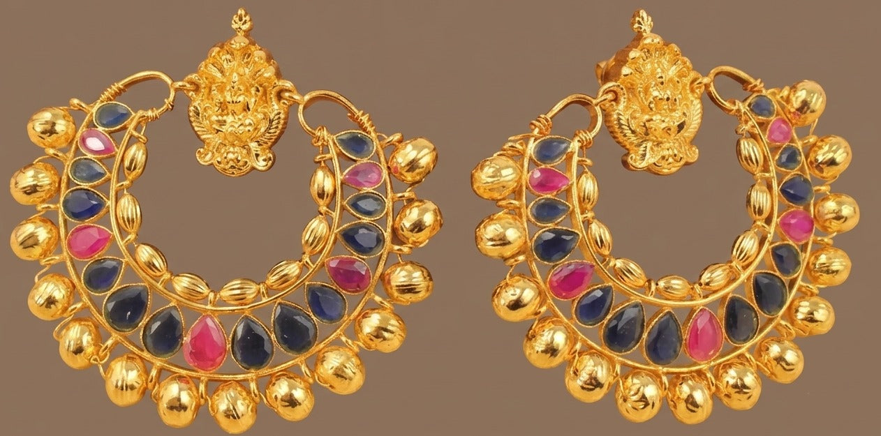 Gold Tone Ruby-blue Lakshmi Bali Earrings-dj04463