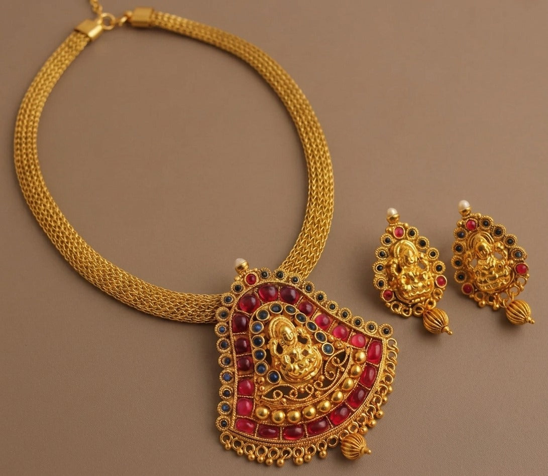 Antique gold tone Kemp-blue Lakshmi necklace set-dj04461