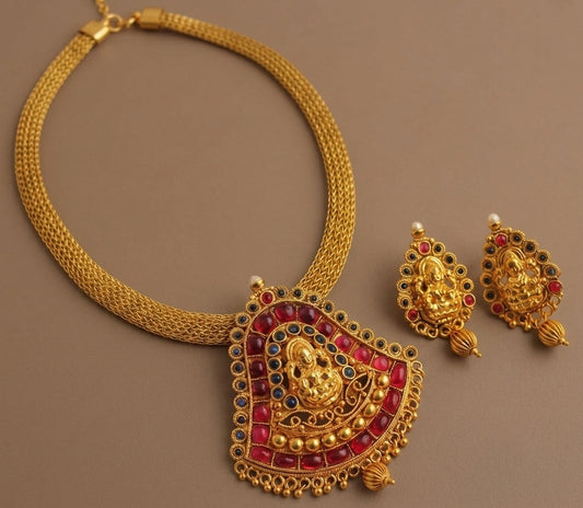 Antique gold tone Kemp-blue Lakshmi necklace set-dj04461
