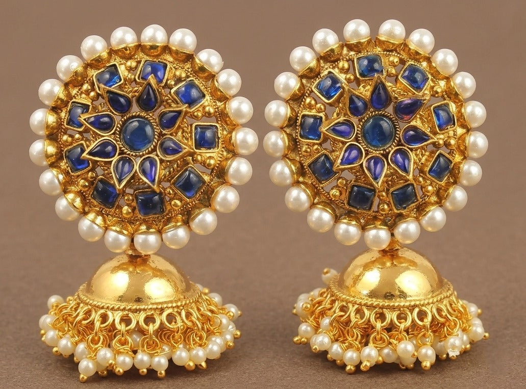 Gold tone Blue Round Top Pearl Jhumkka-dj04445