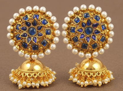 Gold tone Blue Round Top Pearl Jhumkka-dj04445
