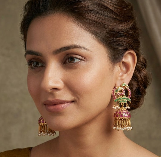 Lovely Semiprecious Ruby-emerald Peacock Jhumkkas -dj04438