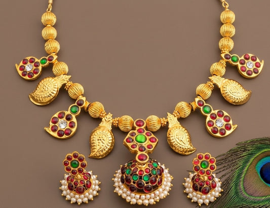 Lovely Handmade Mango Jhumkka Pendant Temple Necklace Set-dj04433