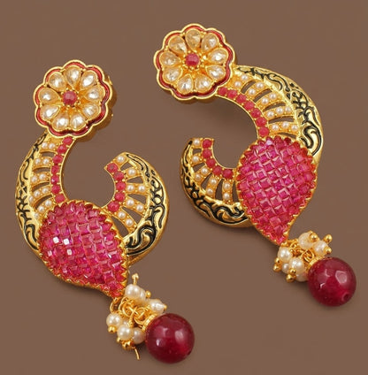 Gold tone AD ruby Flower earrings -dj04477