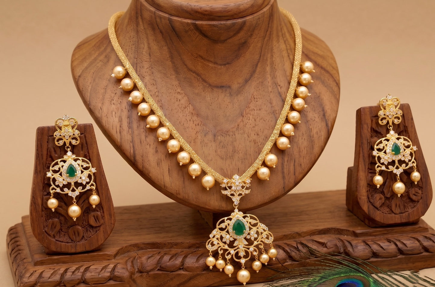 Gold tone cz-green-white pearl necklace set dj-01667
